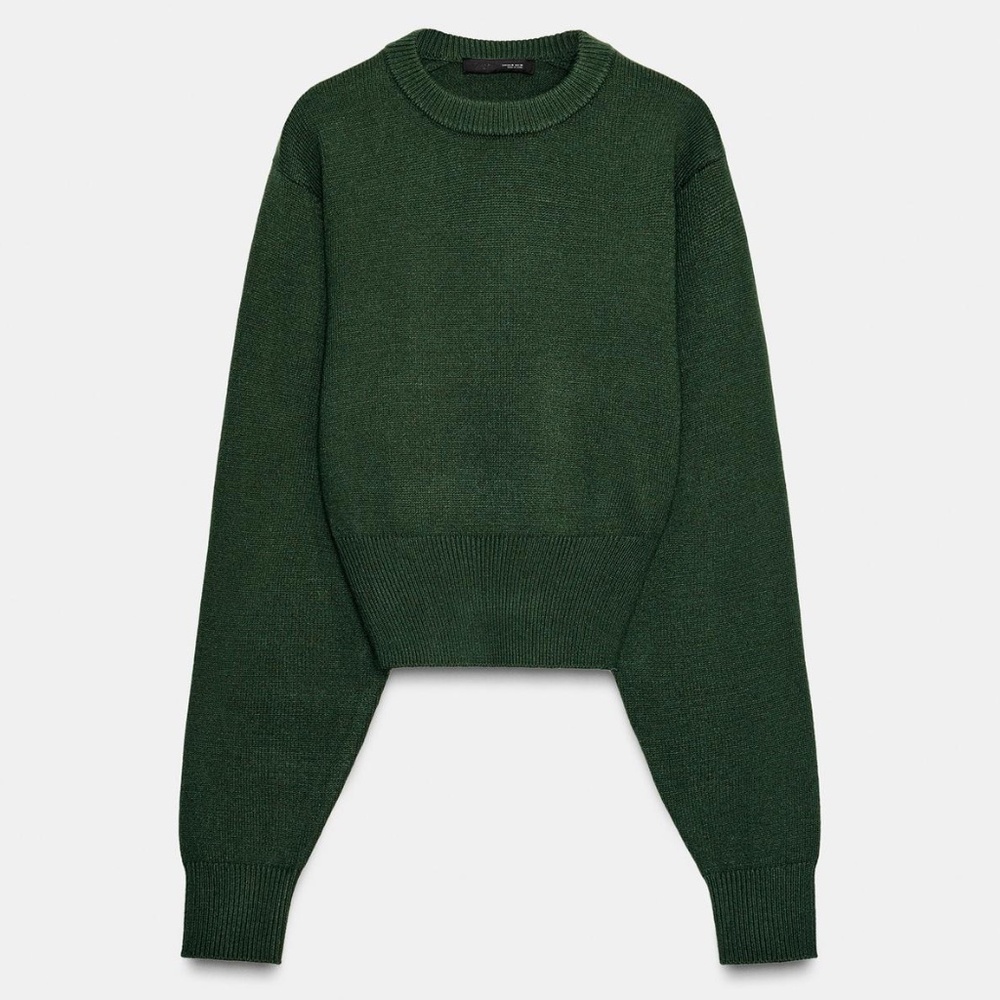 Zara dark khaki green cropped basic knit sweater NWT